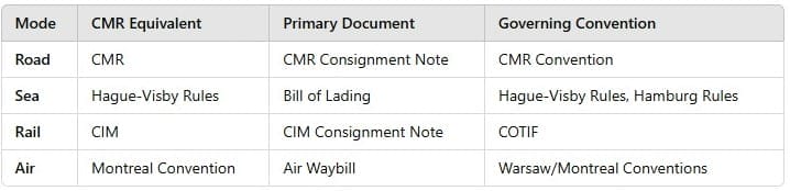 Comparison table of CMR and other transport documents
